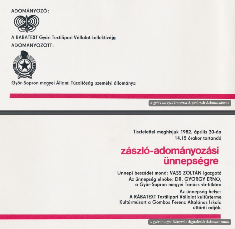 A RÁBATEXT Győri Textilipari Vállalat zászló-adományozási ünnepségének meghívója, 1982